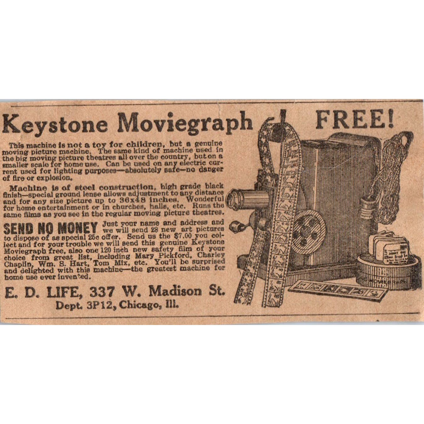E.D. Life Chicago Keystone Moviegraph Free Contest 1923 Magazine Ad Clip AE1-3