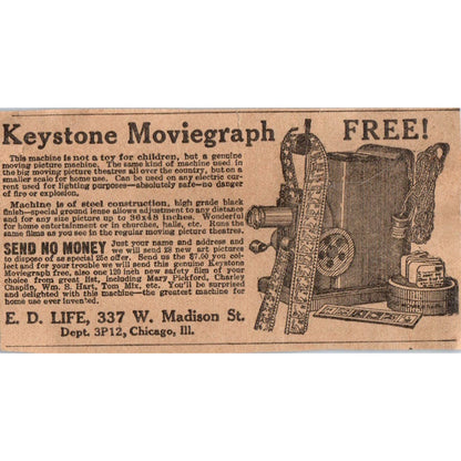 E.D. Life Chicago Keystone Moviegraph Free Contest 1923 Magazine Ad Clip AE1-3