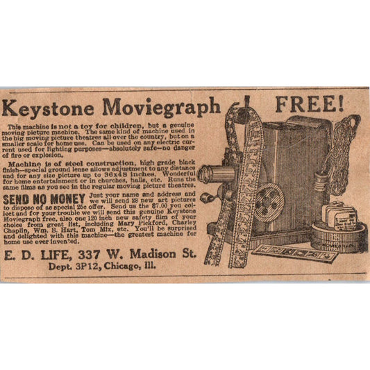 E.D. Life Chicago Keystone Moviegraph Free Contest 1923 Magazine Ad Clip AE1-3