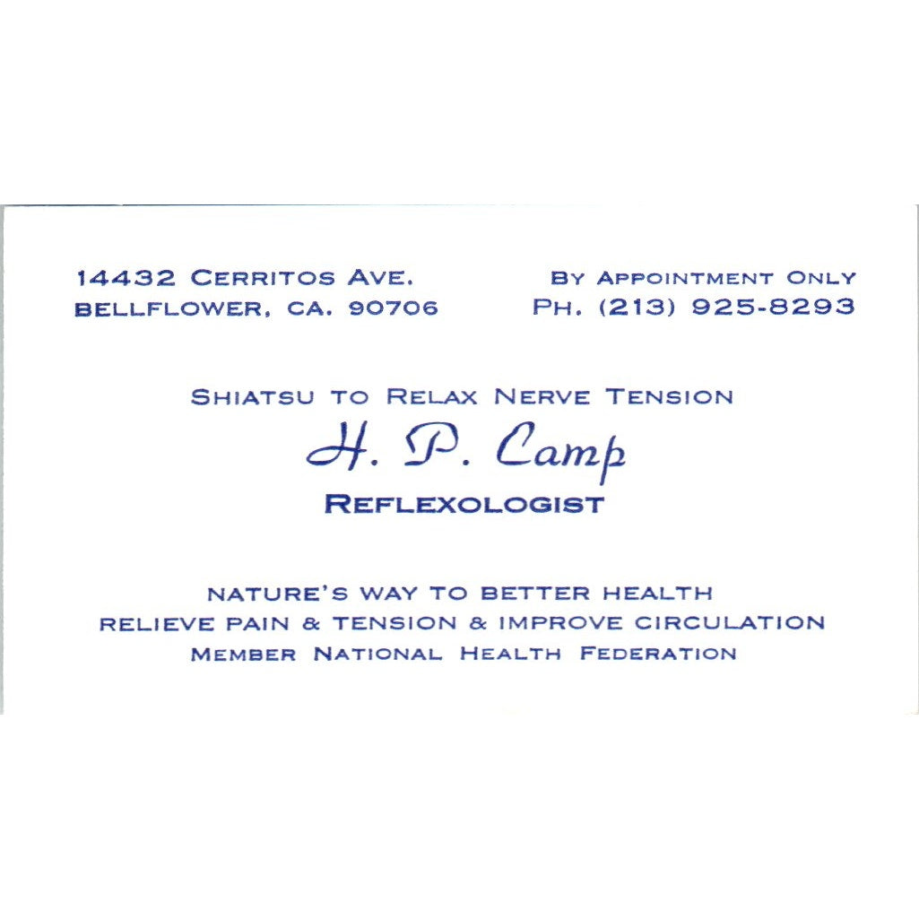 H.P. Camp Reflexologist Shiatsu Bellflower CA Vintage Business Card SE3-B7