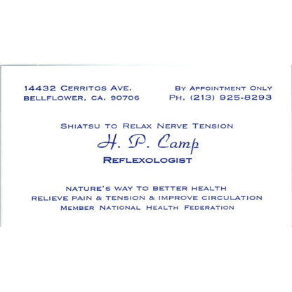 H.P. Camp Reflexologist Shiatsu Bellflower CA Vintage Business Card SE3-B7