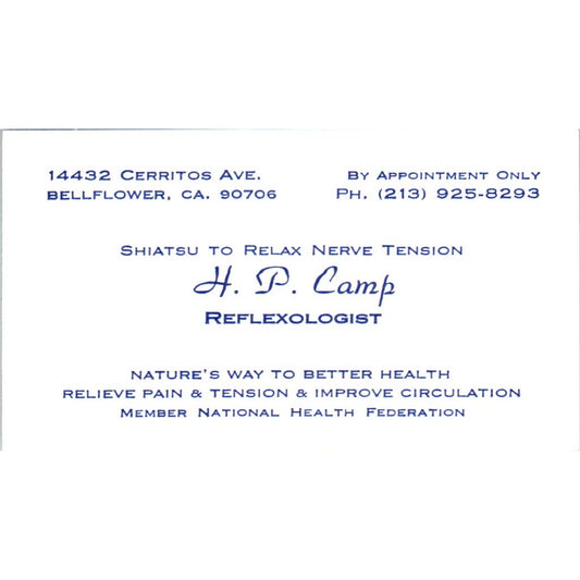 H.P. Camp Reflexologist Shiatsu Bellflower CA Vintage Business Card SE3-B7
