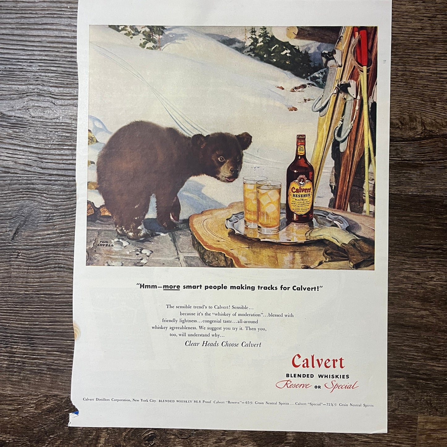 Calvert Blended Whiskies Bear Cub Tom Lovell Vintage Magazine Ad 11x14 V9