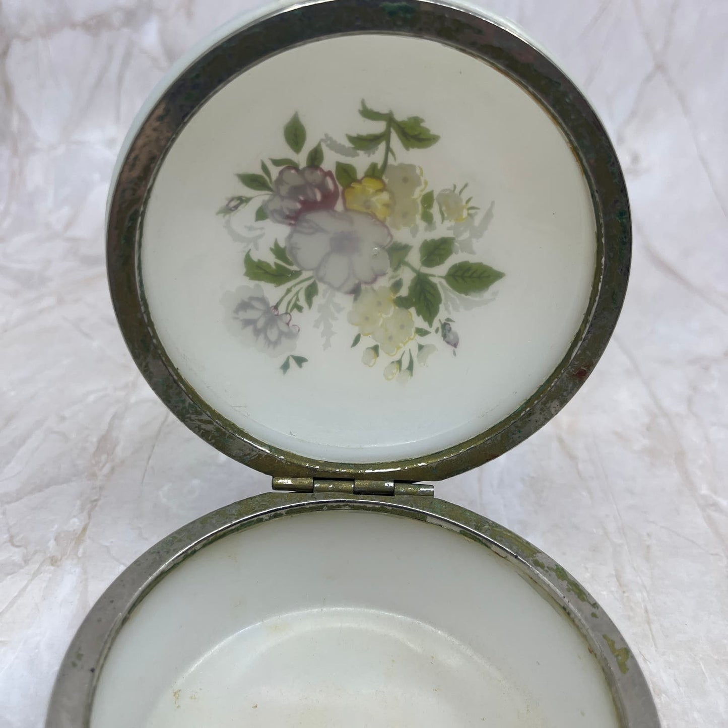 Vintage Celluloid Trinket Box Round Floral White Hinged Lid 4.25” TF5