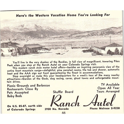 J's Drive-In Hotel, Ranch Antel Colorado Springs CO 1958 Ad AG1-H2