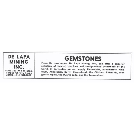 De Lapa Mining Inc Gemstones Corpus Christi Texas 1972 Ad AF8-M4