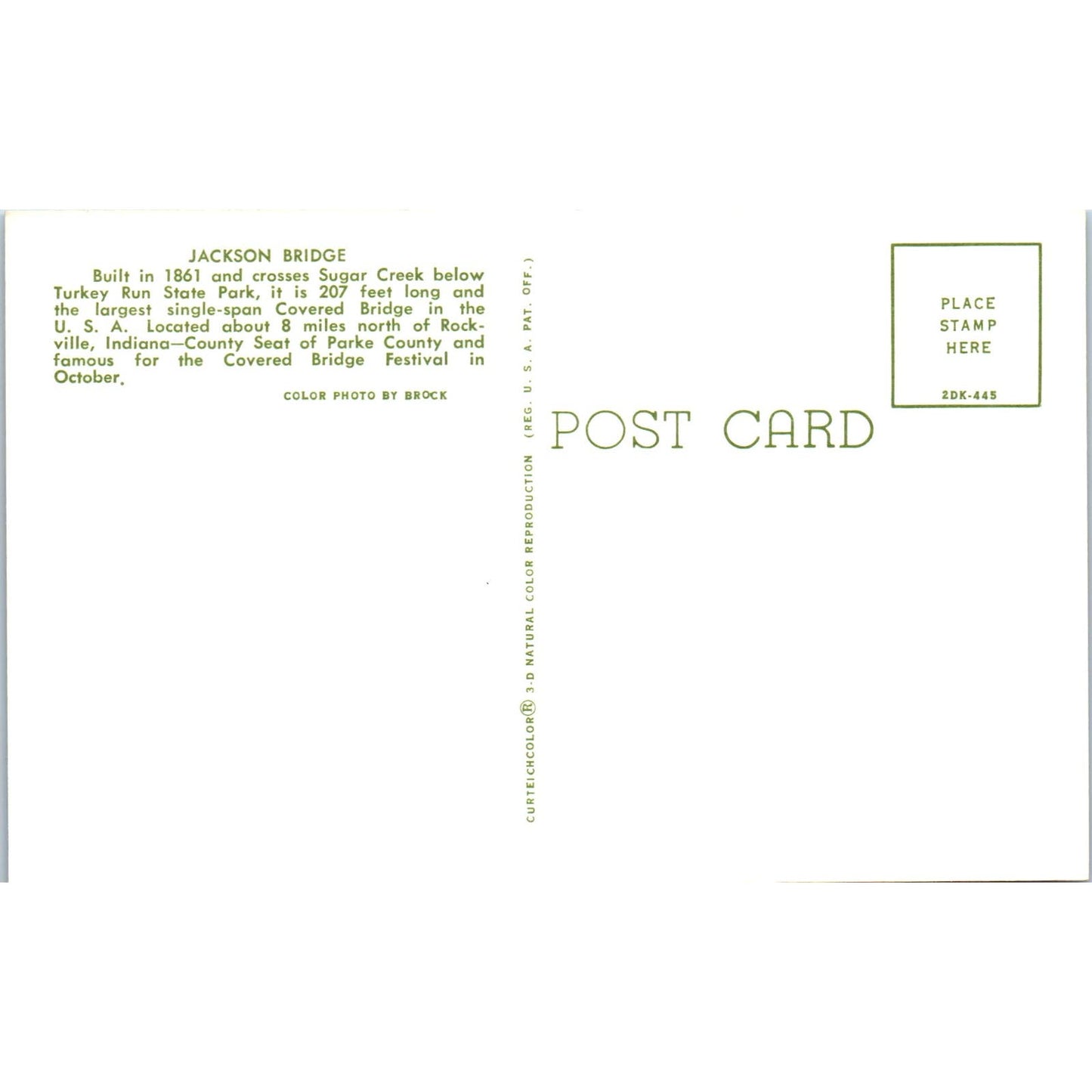 Jackson Bridge Sugar Creek Parke County IN Vintage Covered Bridge Postcard PD3