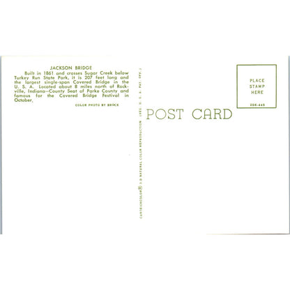 Jackson Bridge Sugar Creek Parke County IN Vintage Covered Bridge Postcard PD3