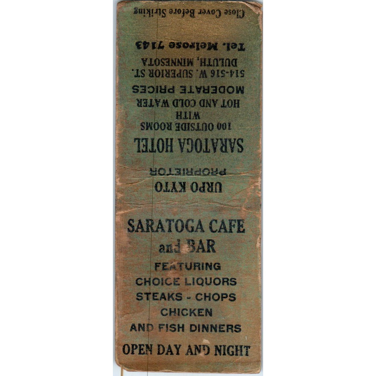 Saratoga Hotel Cafe and Bar Duluth MN Vintage Matchbook Cover SF4-Y2