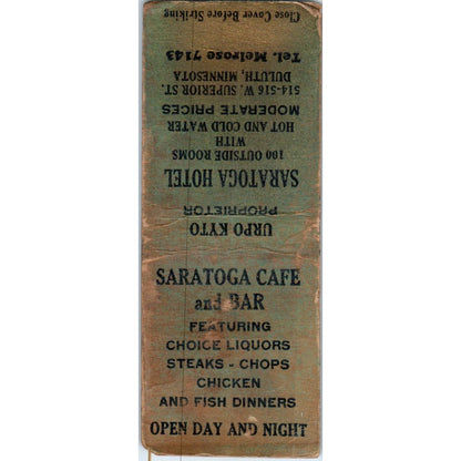 Saratoga Hotel Cafe and Bar Duluth MN Vintage Matchbook Cover SF4-Y2