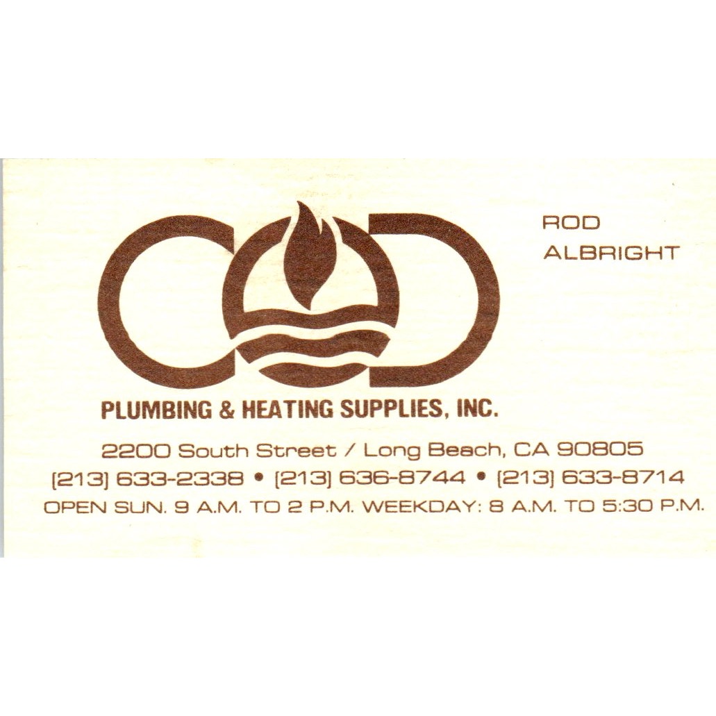 COD Plumbing & Heating Rod Albright Long Beach CA Vintage Business Card SD4-B1