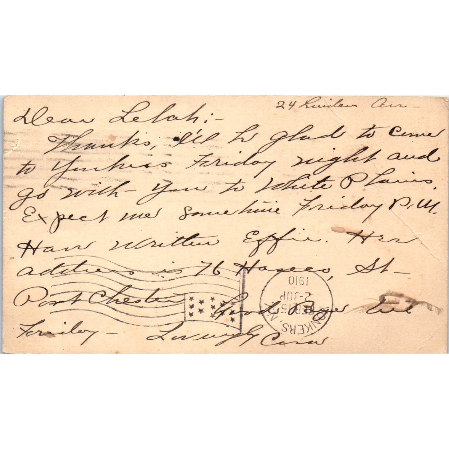 1910 Postal Mailing Carr Lelah J. Miller Yonkers NY PD1