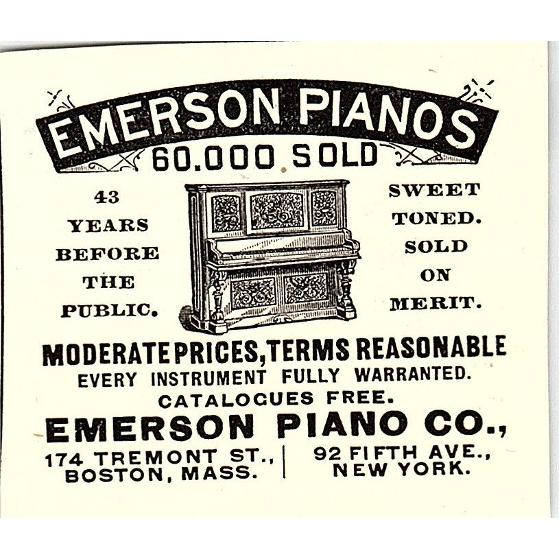 Emerson Piano Co Tremont St Boston 5th Ave NY 1892 Ad AG2-S26