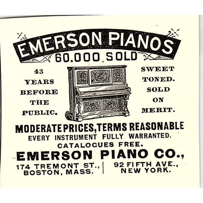 Emerson Piano Co Tremont St Boston 5th Ave NY 1892 Ad AG2-S26