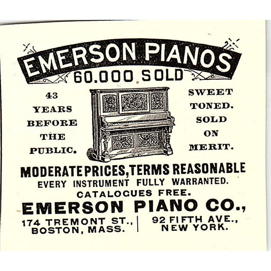Emerson Piano Co Tremont St Boston 5th Ave NY 1892 Ad AG2-S26