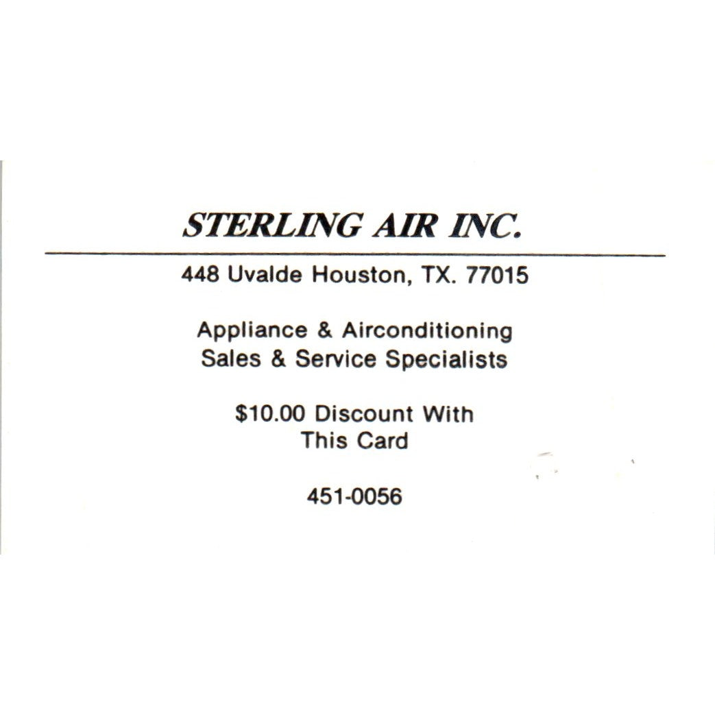 Sterling Air Inc Air Conditioning Houston TX Vintage Business Card SD4-B1