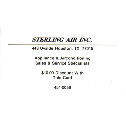 Sterling Air Inc Air Conditioning Houston TX Vintage Business Card SD4-B1
