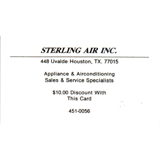 Sterling Air Inc Air Conditioning Houston TX Vintage Business Card SD4-B1