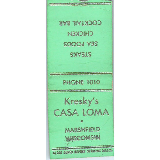 Kresky's Casa Loma Marshfield WI Vintage Matchbook Cover SD4-Y16