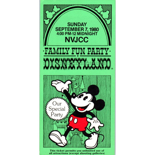 1980 Disney Ticket Card for Family Fun Party at Disneyland Stub AD8-RS1