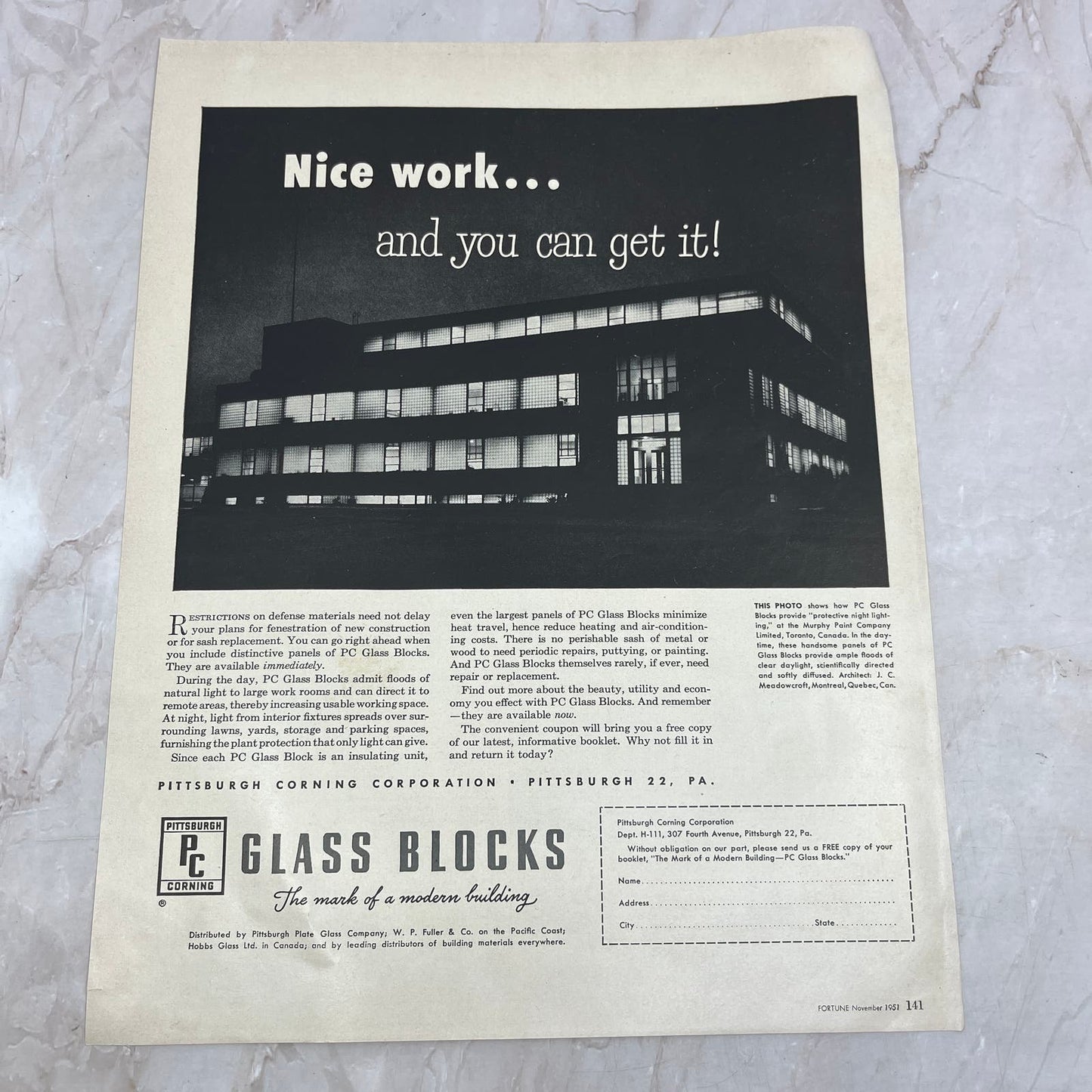 Pittsburgh Corning Glass Blocks 1951 Magazine Ad FL6-10