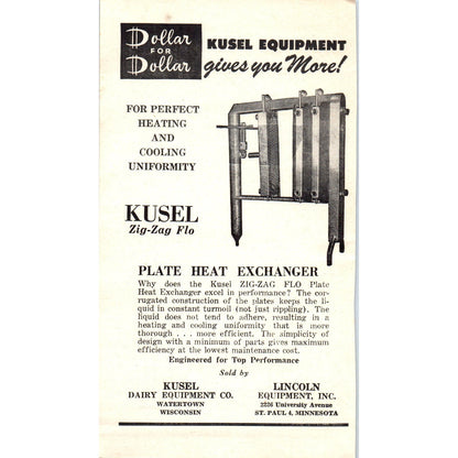 Kusel Zig-Zag Flo Heat Exchanger Lincoln Equipment St. Paul MN 1953 Ad AE9-DC1