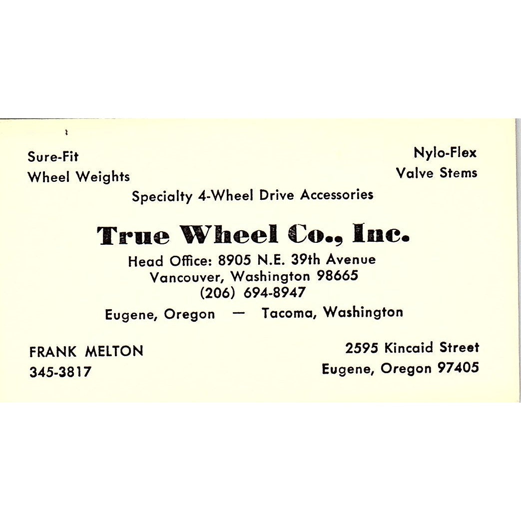 Frank Melton True Wheel Co Inc Eugene OR Vintage Business Card SE3-B13