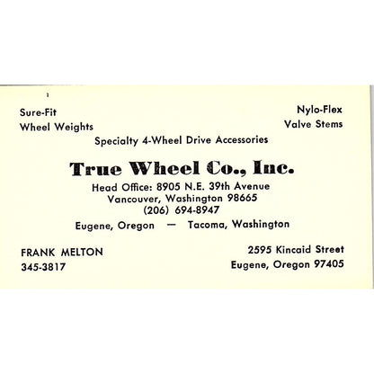 Frank Melton True Wheel Co Inc Eugene OR Vintage Business Card SE3-B13