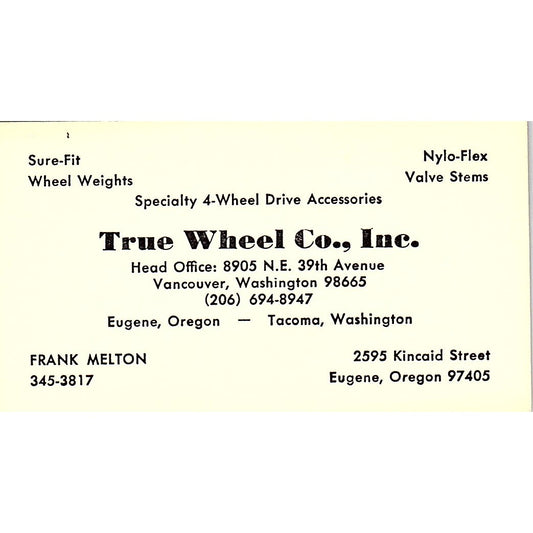 Frank Melton True Wheel Co Inc Eugene OR Vintage Business Card SE3-B13