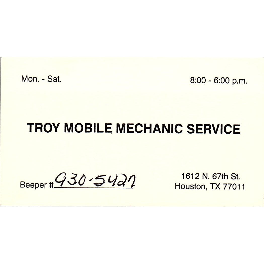 Troy Mobile Mechanic Service Houston TX Vintage Business Card SE3-B14