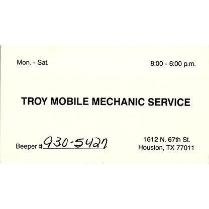 Troy Mobile Mechanic Service Houston TX Vintage Business Card SE3-B14