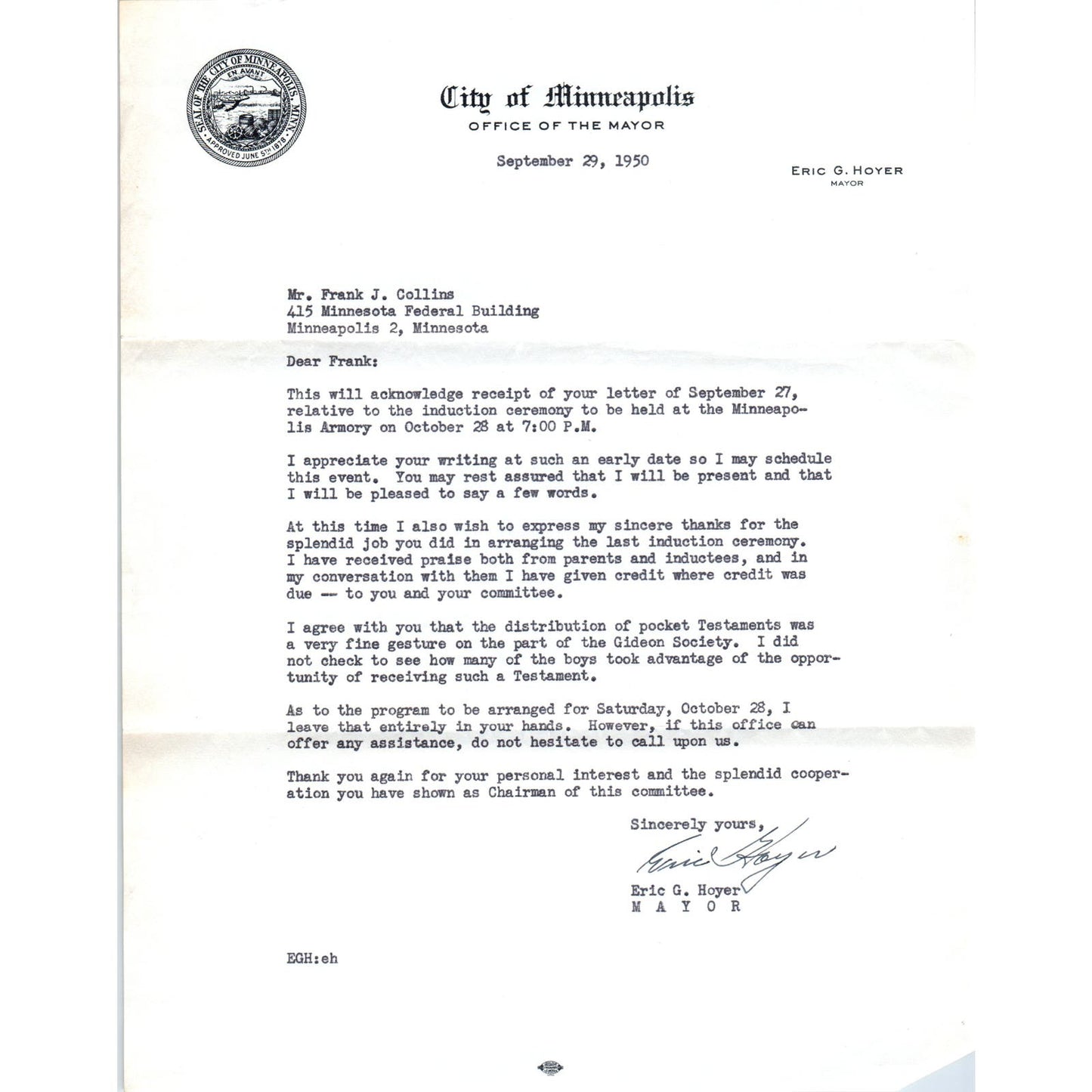 1950 City of Minneapolis Office of the Mayor Official Letterhead Eric G Hoyer D9