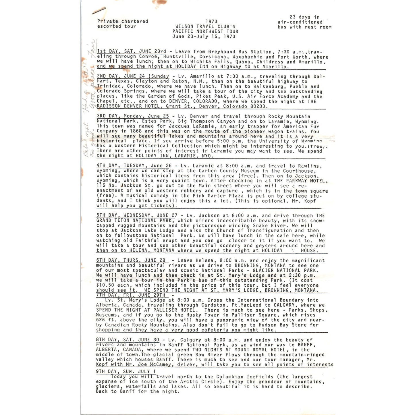 1973 Wilson Travel Club's Pacific Northwest Tour Travel Itinerary AE8