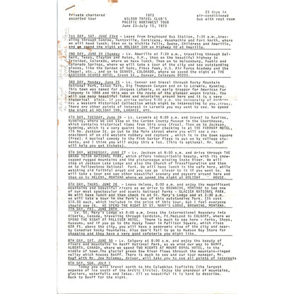 1973 Wilson Travel Club's Pacific Northwest Tour Travel Itinerary AE8