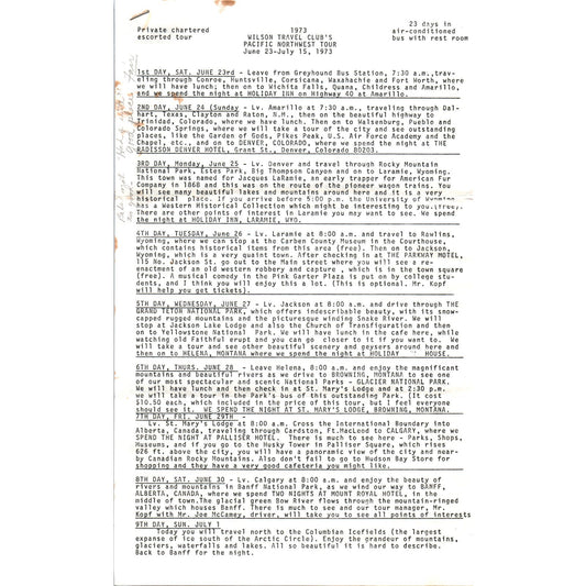 1973 Wilson Travel Club's Pacific Northwest Tour Travel Itinerary AE8