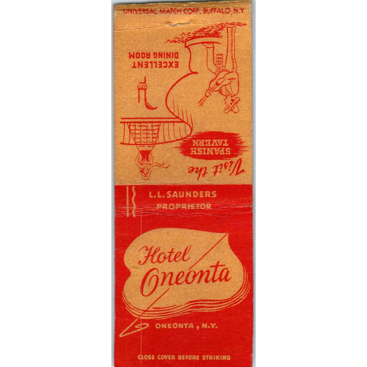 Hotel Oneonta Spanish Taver L.L. Saunders NY Vintage Matchbook Cover SD4-Y1