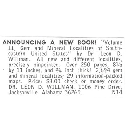 Dr. Leon D. Willman Gem and Minerals Jacksonville Alabama 1972 Ad AF8-S8