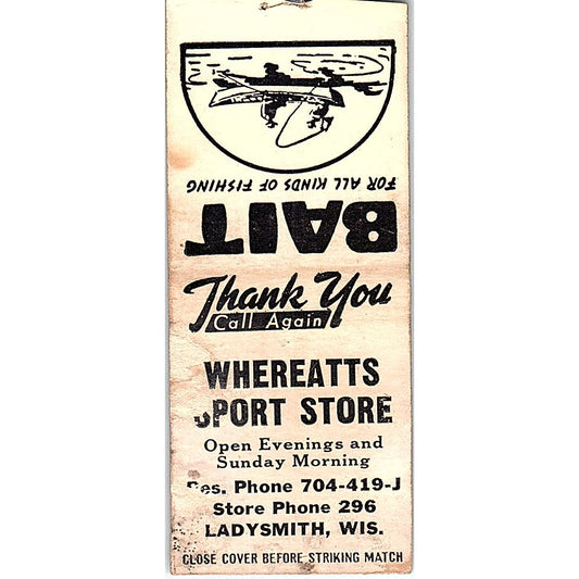 Whereatts Sport Store Ladysmith WI Vintage Matchbook Cover SF3-Y2
