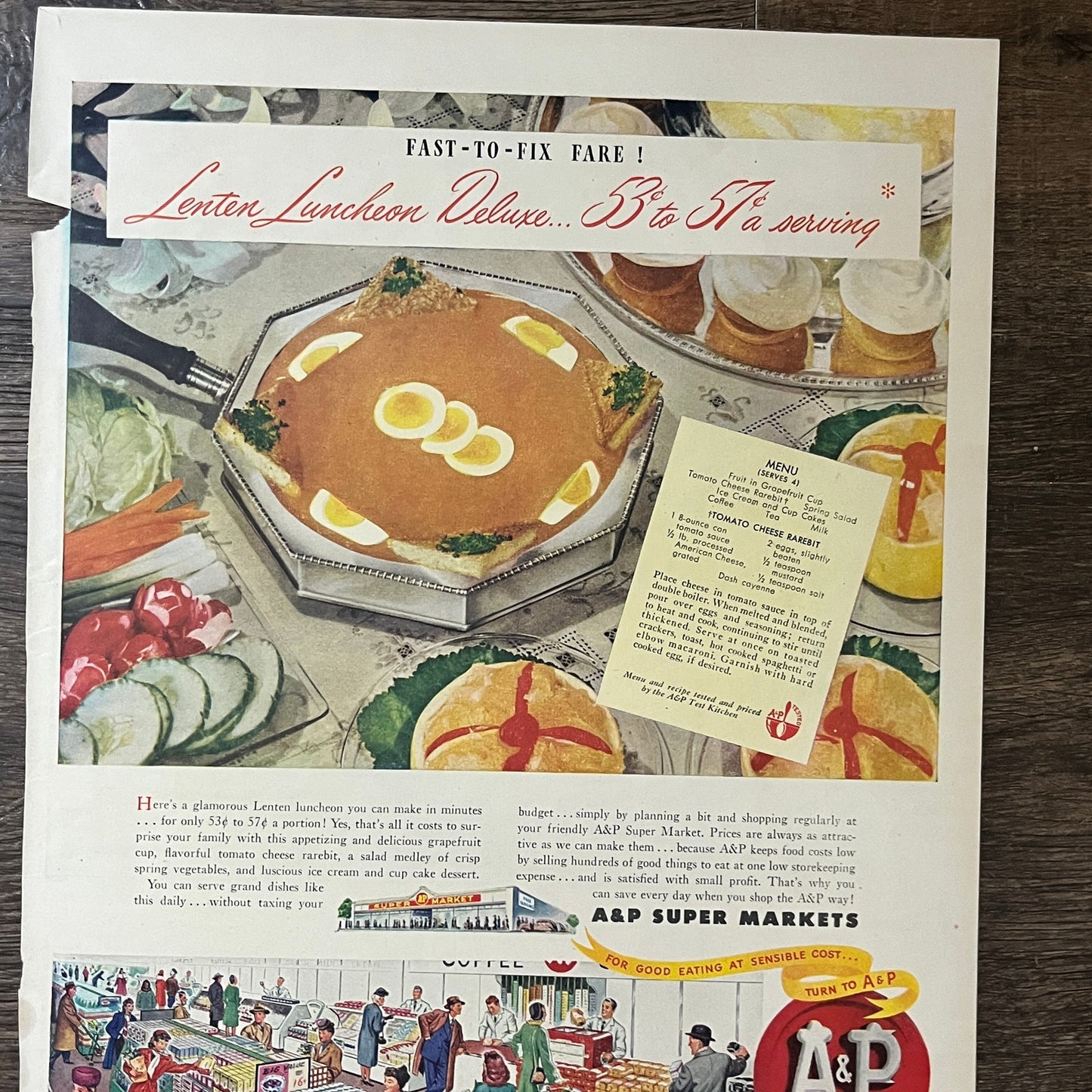 Lenten Luncheon Recipe Tomato Cheese Rarebit A&P Vintage Magazine Ad 10x13 V8