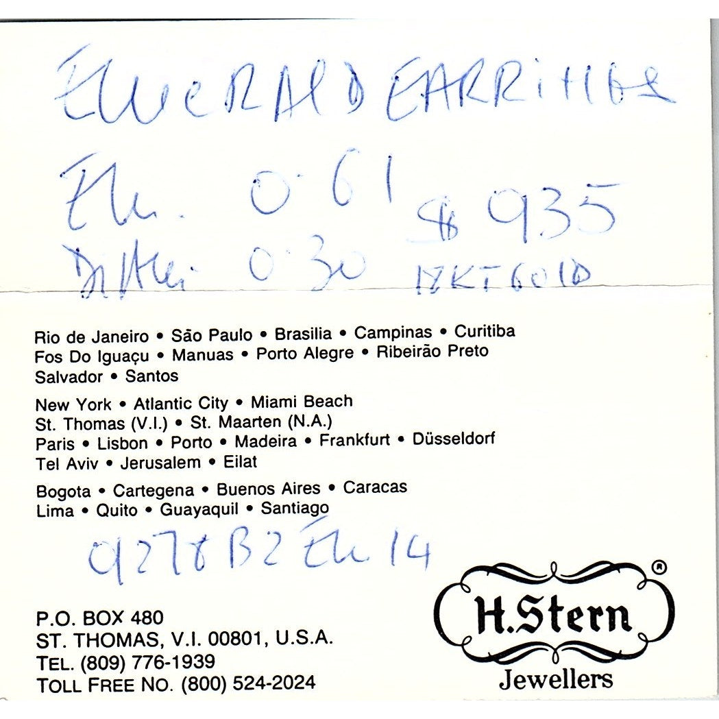 H,Stern Jewellers , Dominique Liebenguth , V.I USA Vintage Business Card SF3-B9