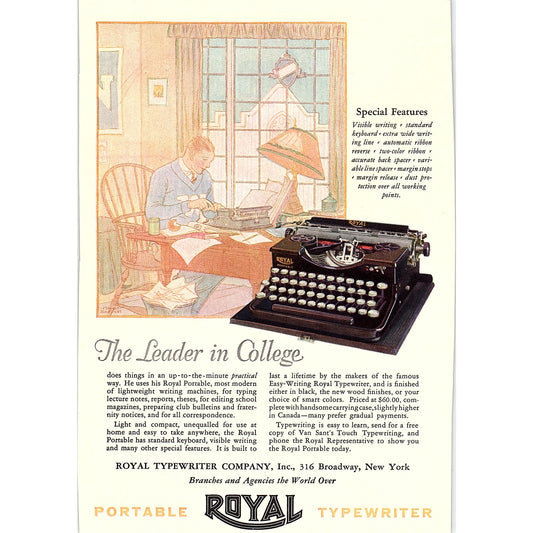 Royal Portable Typewriter The Leader in College Broadway NY 1926 Ad AG3-7