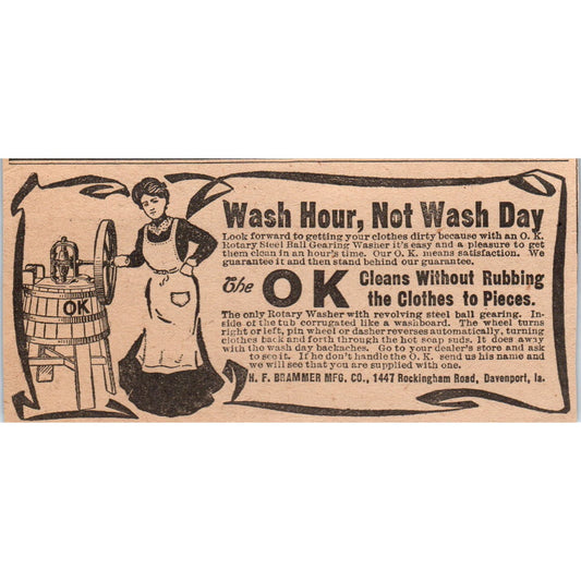 H.F. Brammer Mfg Co Rotary Clothes Washer Davenport IA 1905 Magazine Ad AF1-NH4