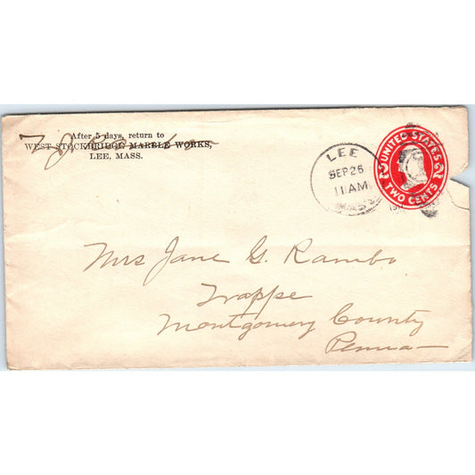 1917 West Stockbridge Marble Works Co Lee MA Postal Cover Envelope TG7-PC2