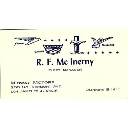 R.F. McInerny Midway Motors Los Angeles Vintage Business Card SD9-B9