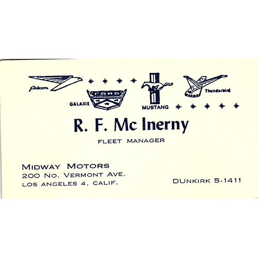 R.F. McInerny Midway Motors Los Angeles Vintage Business Card SD9-B9
