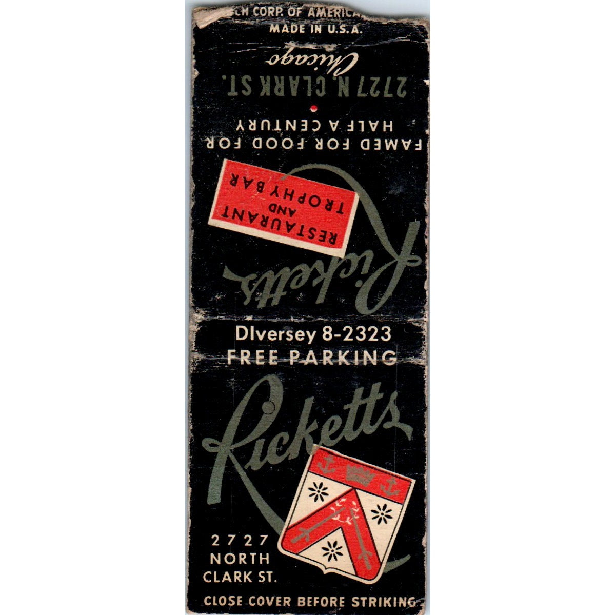 Ricketts Restaurant & Trophy Bar Chicago Vintage Matchbook Cover SD4-Y11
