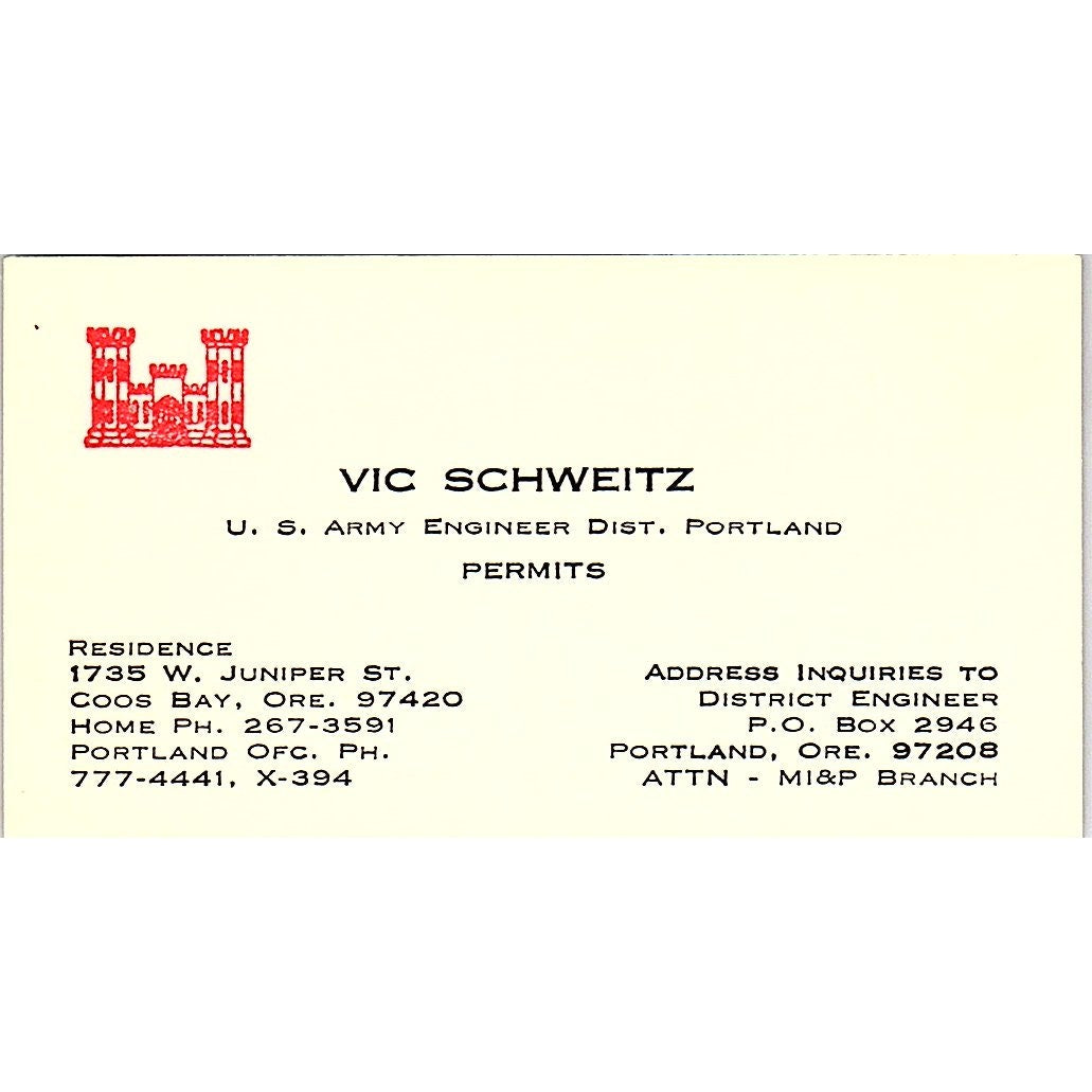 Vic Schweitz US Army Engineer Dist Portland OR Vintage Business Card SD9-B8