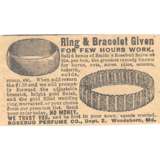 Ring & Bracelet Promo Rosebud Perfume Co Woodsboro MD 1910 Magazine Ad AF1-SS6
