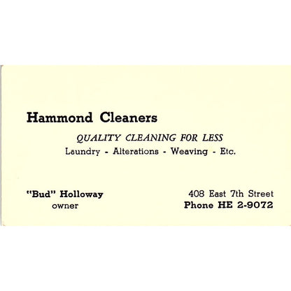Hammond Cleaners Bud Holloway 408 East 7th Street Vintage Business Card SF3-B5