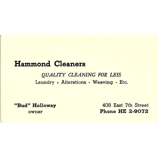 Hammond Cleaners Bud Holloway 408 East 7th Street Vintage Business Card SF3-B5